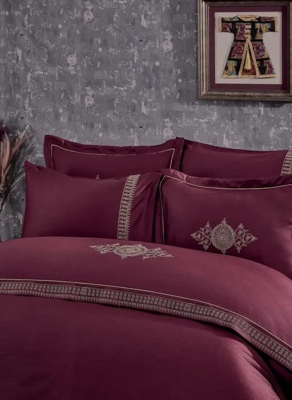 Ecocotton Tuğra Dekbedovertrek Set 100% Biologisch Katoen Satijn Geborduurd Bordeaux 240x220 cm