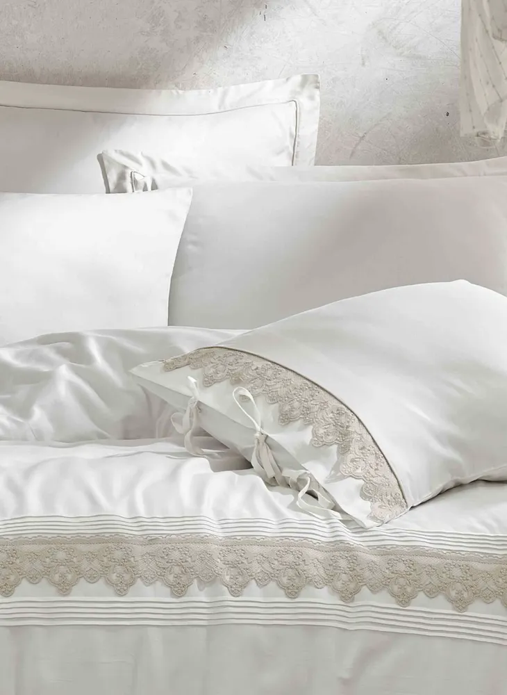 Ecocotton Azra Dekbedovertrek Set 100% Biologisch Katoen Satijn Guipure Crème 240x220 Cm - Afbeelding 2