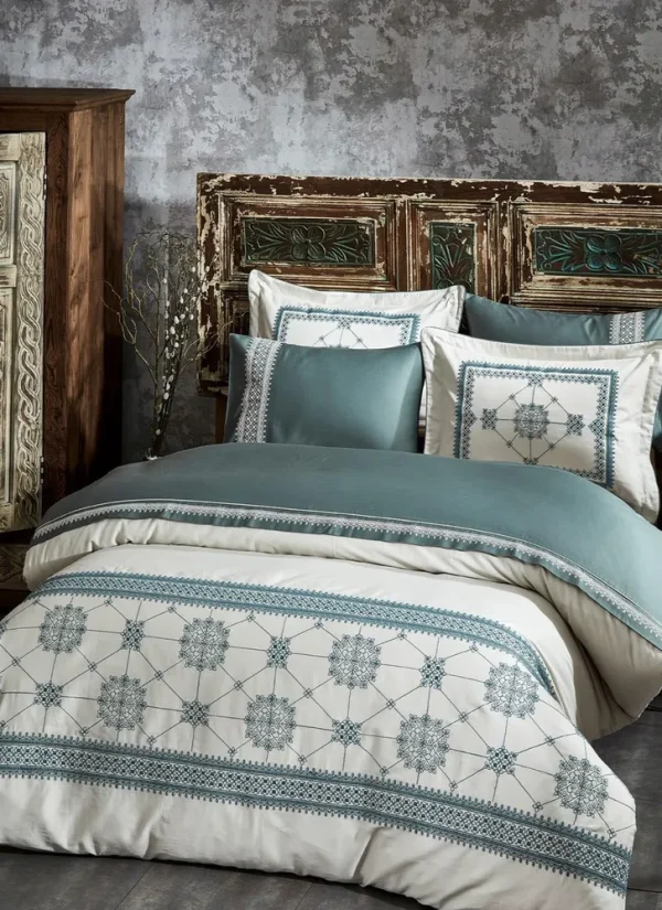 Ecocotton Belis Dekbedovertrek set 100% Biologisch Katoen Satijn Geborduurd Groen 240x220 Cm