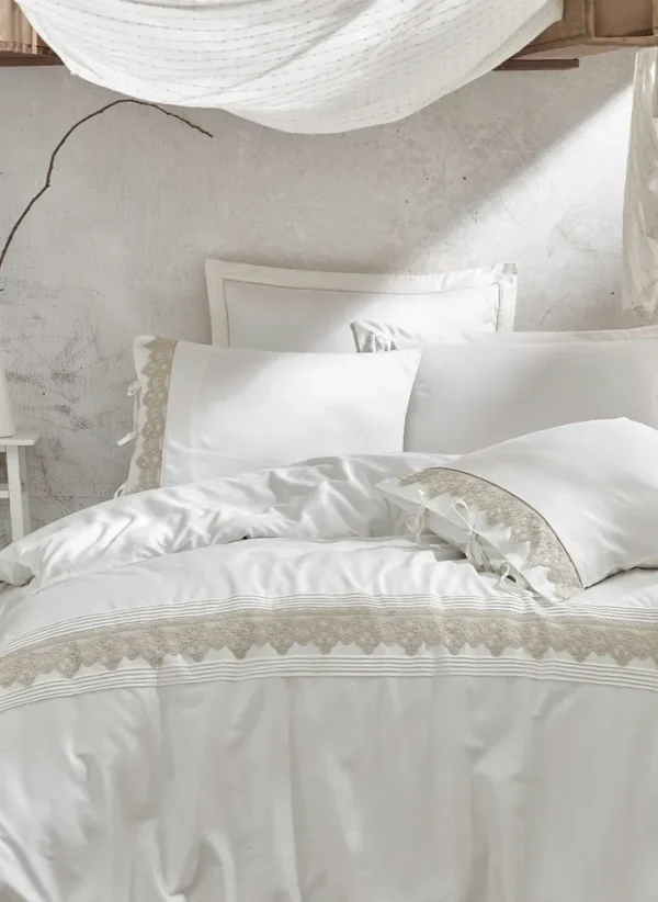 Ecocotton Azra Dekbedovertrek Set 100% Biologisch Katoen Satijn Guipure Crème 240x220 Cm