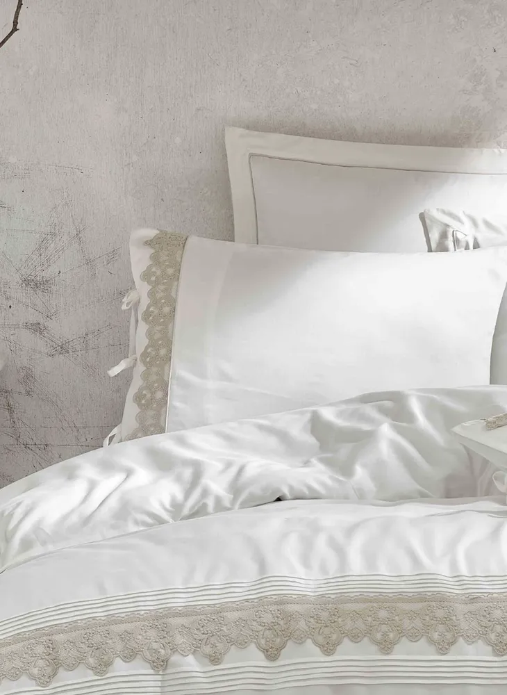 Ecocotton Azra Dekbedovertrek Set 100% Biologisch Katoen Satijn Guipure Crème 240x220 Cm - Afbeelding 1