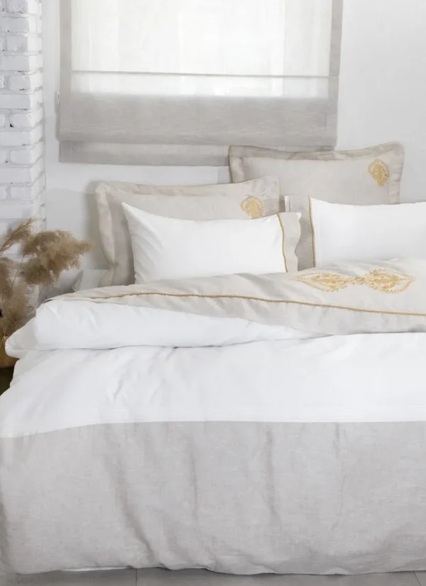 Ecocotton Hanzade Dekbedovertrek Set 100% Organisch Katoen Satijn Linnen Geborduurd Beige 240x220 Cm