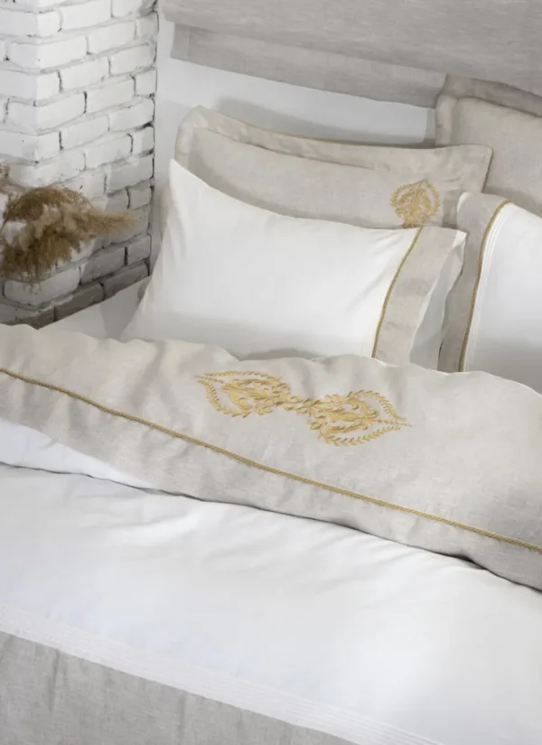 Ecocotton Hanzade Dekbedovertrek Set 100% Organisch Katoen Satijn Linnen Geborduurd Beige 240x220 Cm