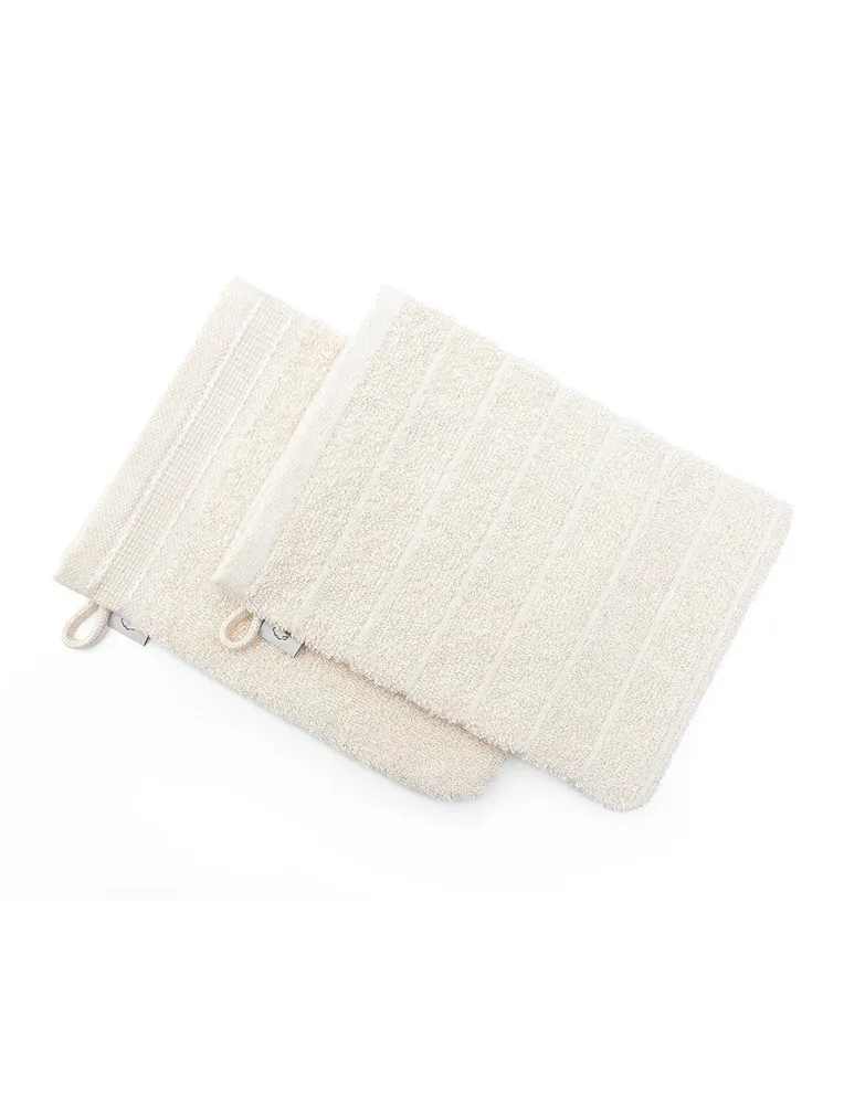 Ecocotton Washandje 100% Katoen Set van 2 Gestreepte-Dichte Rand Crème 15x20 cm