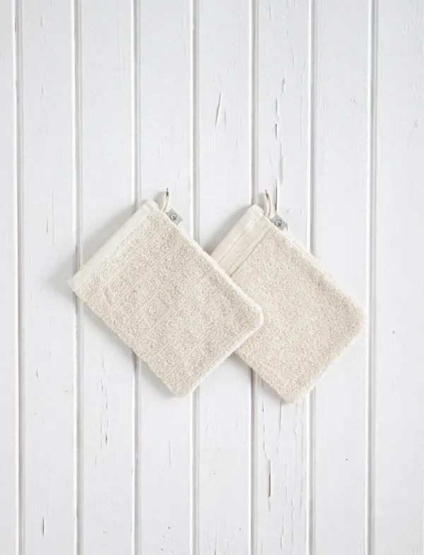 Ecocotton Washandje 100% Katoen Set van 2 Gestreepte-Dichte Rand Crème 15x20 cm