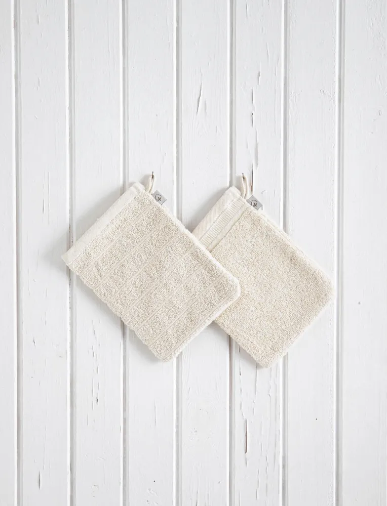 Ecocotton Washandje 100% Katoen Set van 2 Gestreepte-Dichte Rand Crème 15x20 cm - Afbeelding 1