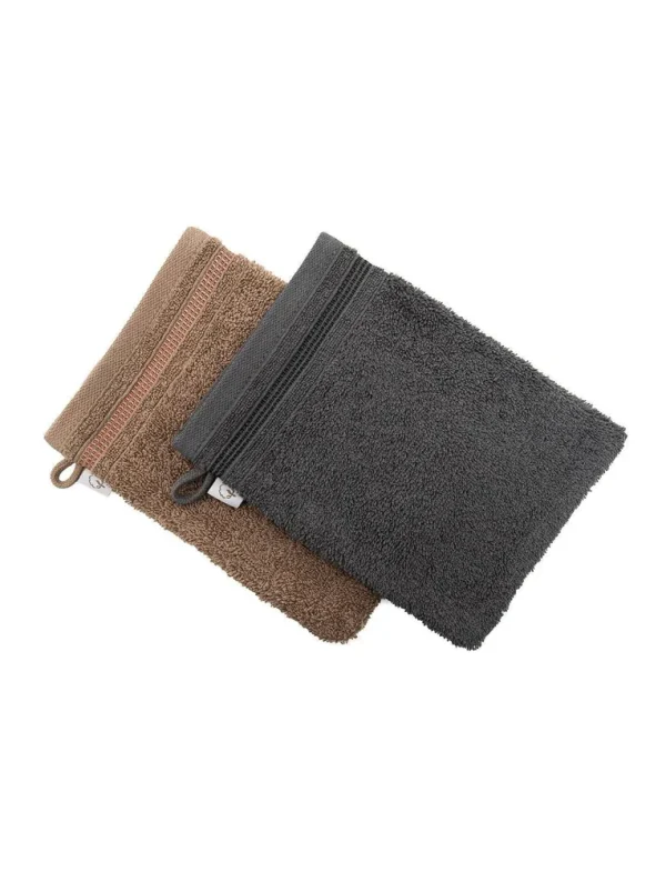Ecocotton Washandje 100% Katoen Set van 2 met Flush Border - Antraciet/Donker Beige 15x20cm