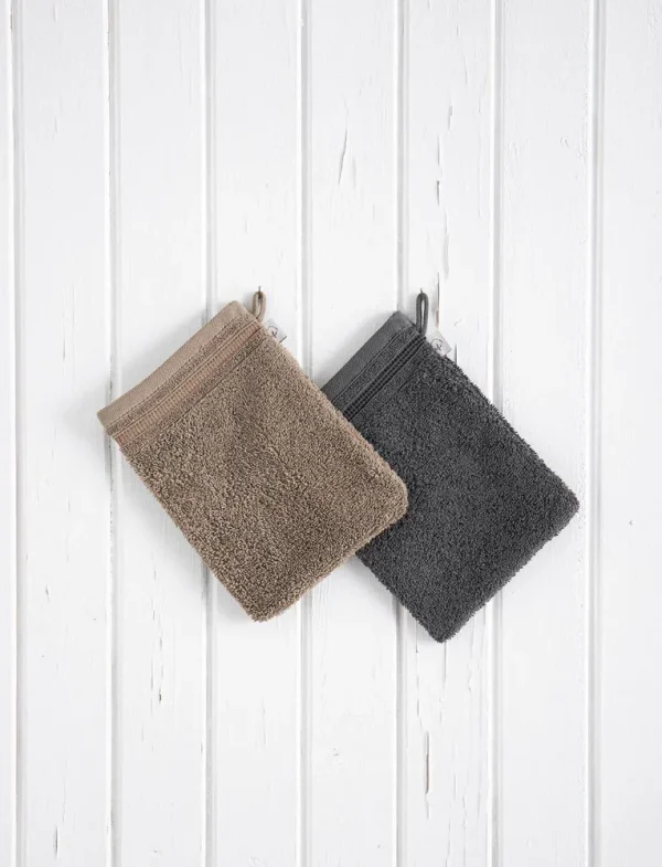 Ecocotton Washandje 100% Katoen Set van 2 met Flush Border - Antraciet/Donker Beige 15x20cm