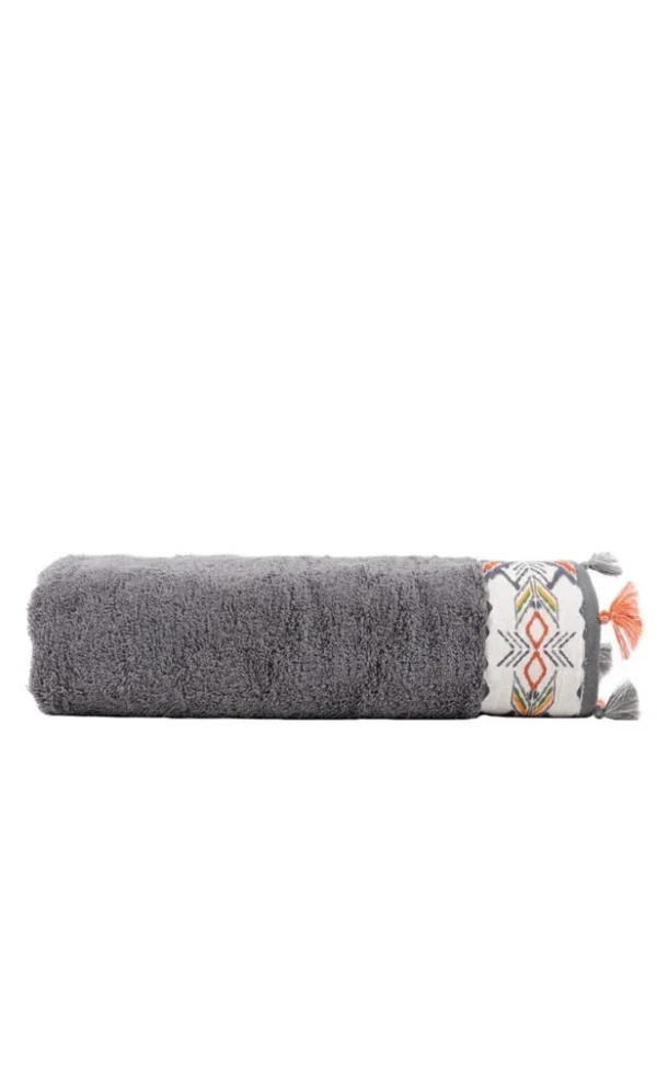 Ecocotton Pamira Handdoek 100% Biologisch Katoen Met kwastjes Bedrukt Antraciet 50x90 cm