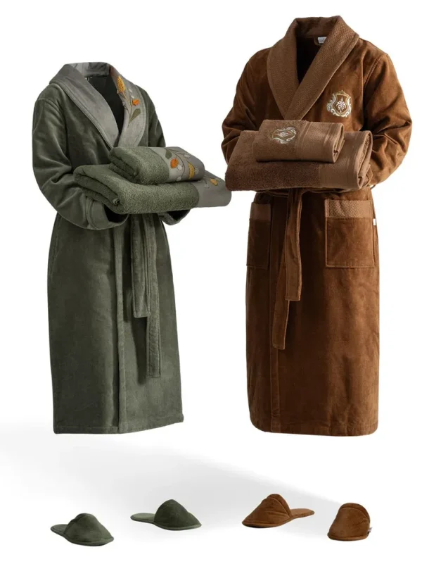 Ecocotton Farah Familie Badjas Set 100% Biologisch Katoen Geborduurd Groen/Bruin - M/L