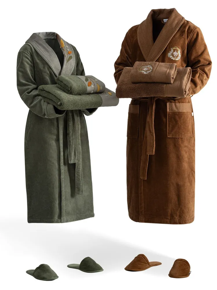 Ecocotton Farah Familie Badjas Set 100% Biologisch Katoen Geborduurd Groen/Bruin - M/L