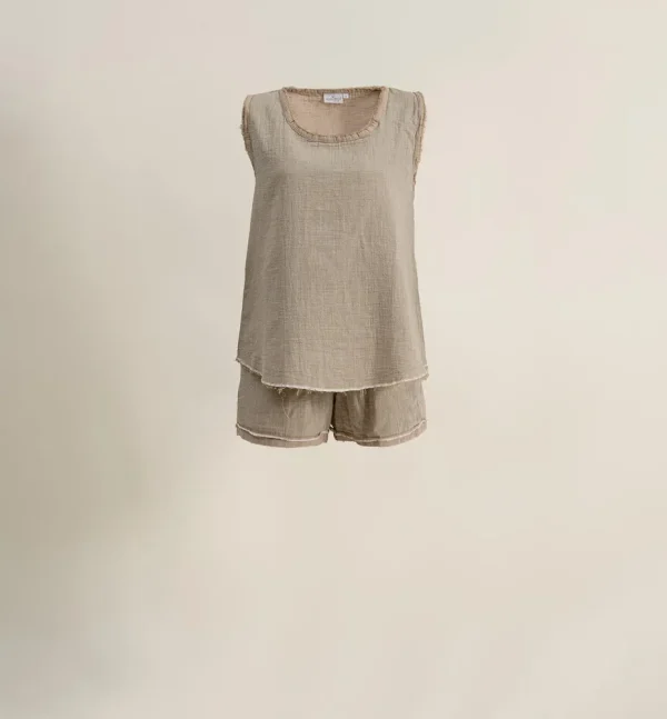 Ecocotton Melsa dames pyjama Set Met Short 100% biologisch katoen mousseline Beige