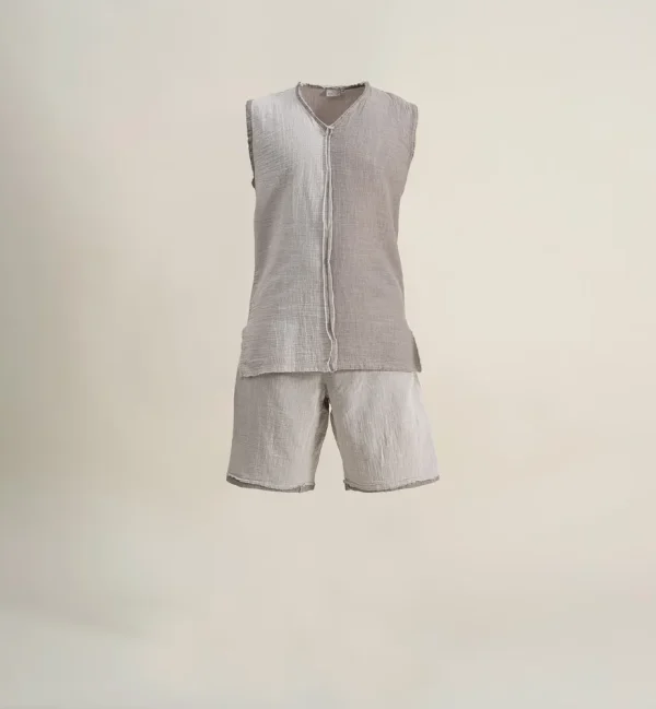 Ecocotton Melsa Heren Pyjama Set Met Short 100% Organisch Katoen Mousseline Licht Grijs