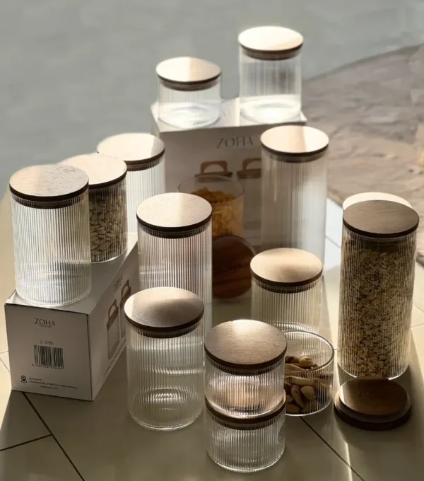 Voorraadpotten Stripe acacia deksel set van 2/ 450 ml