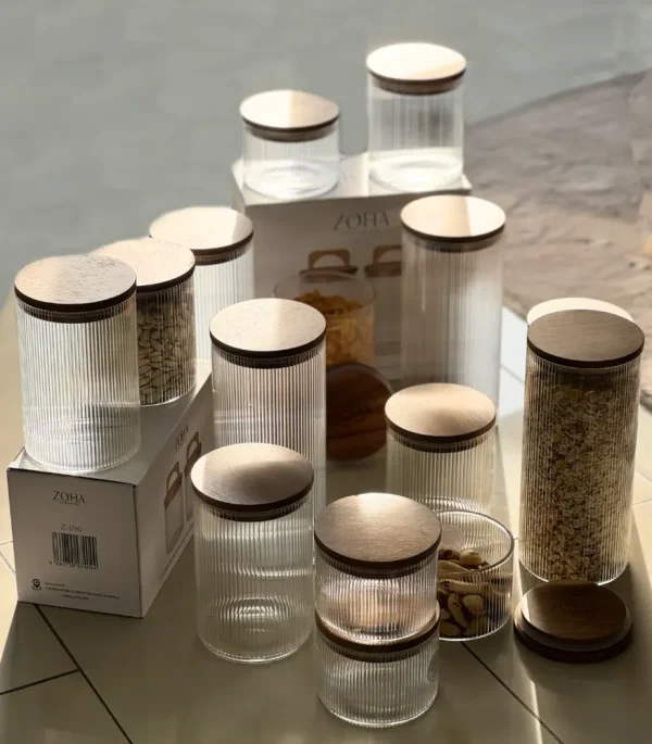 Voorraadpotten Stripe acacia deksel set van 2/ 1500 ml