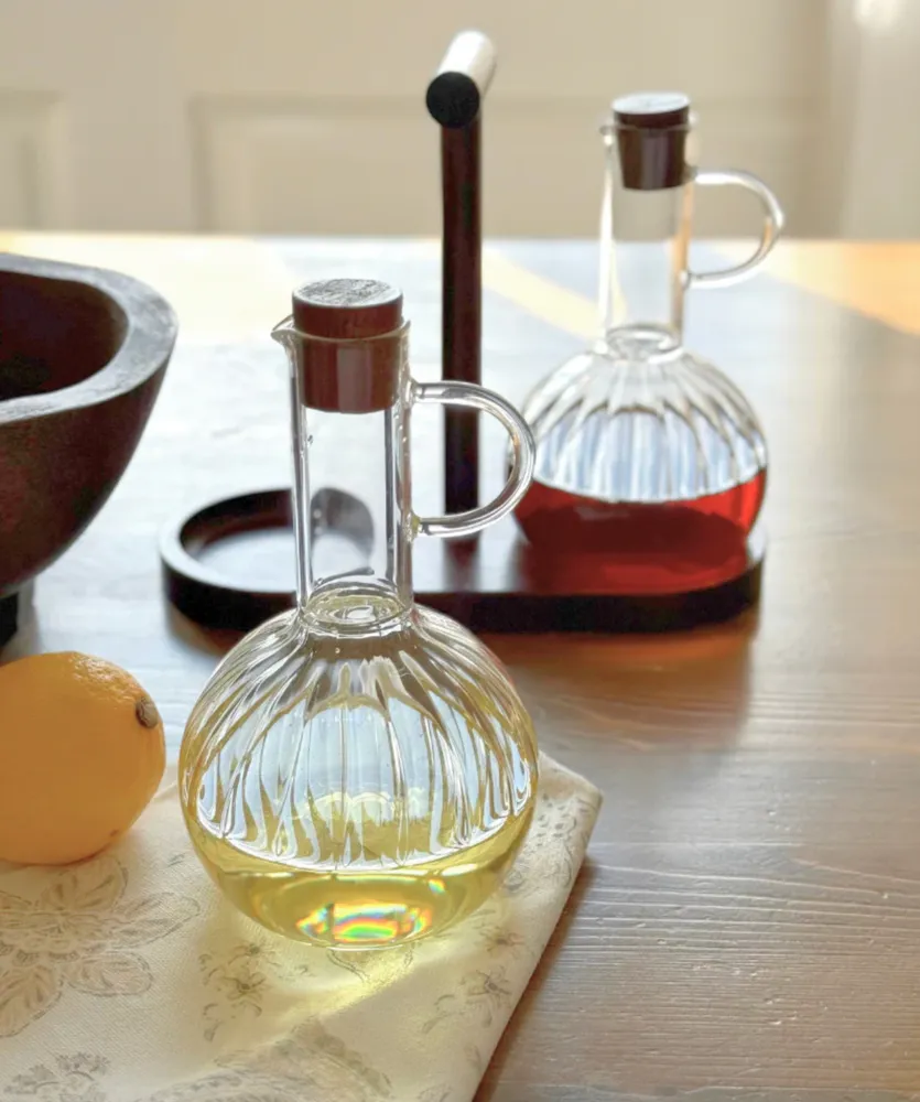 Stripe Acacia houten olie-en-azijnstel | Borosilicaatglas