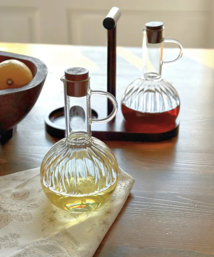 Stripe Acacia houten olie-en-azijnstel | Borosilicaatglas - Afbeelding 2
