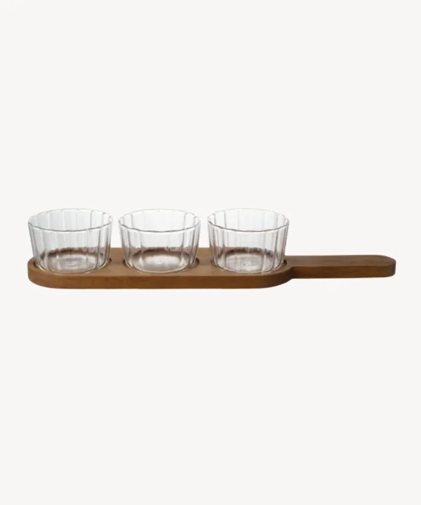 Acacia houten serveerplank met 3 glazen kommen