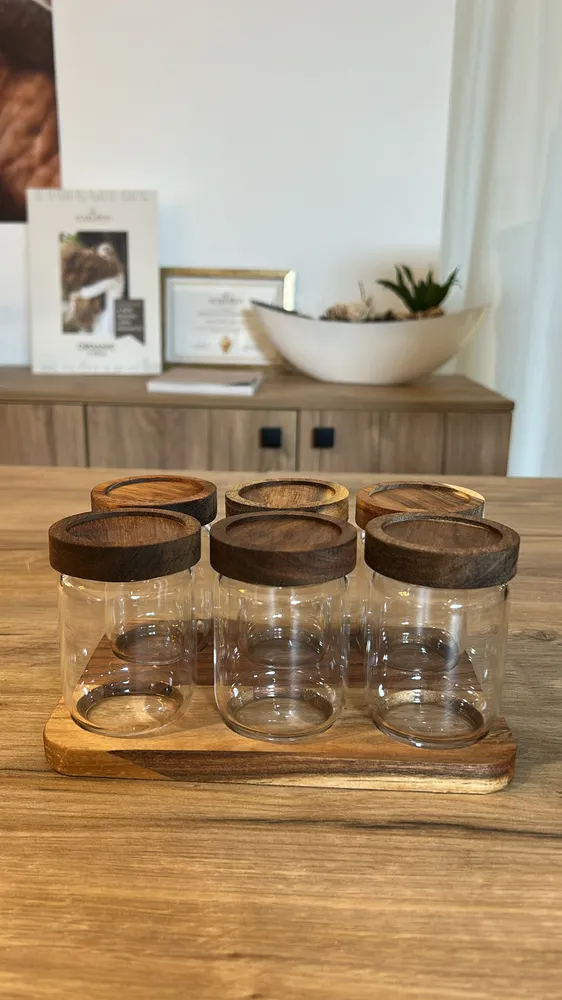Kruidenpotjes met rechthoekig acacia houten onderstel | set van 6 stuks