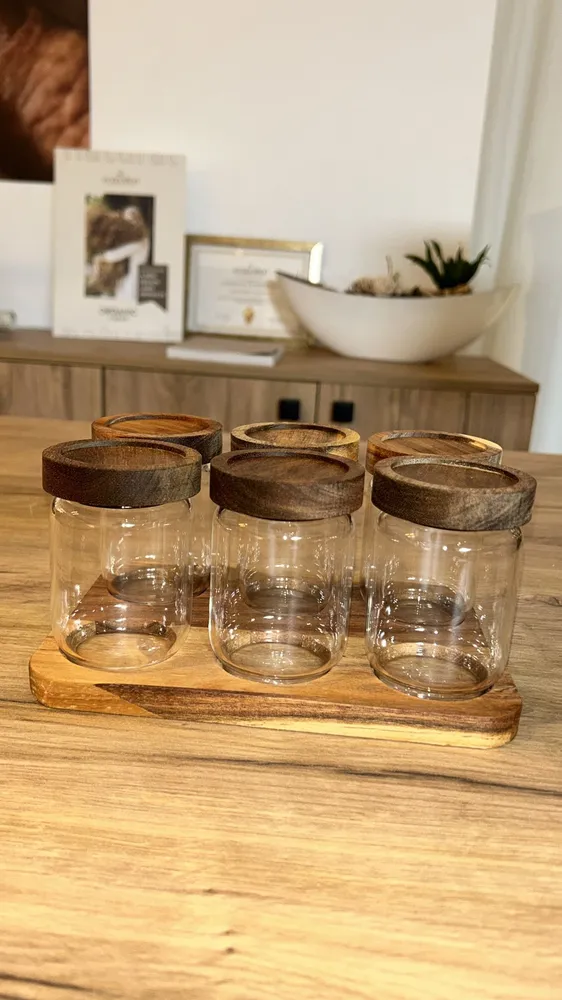 Kruidenpotjes met rechthoekig acacia houten onderstel | set van 6 stuks