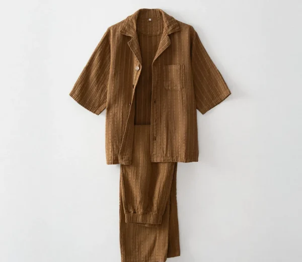 Ecocotton Zeyna Heren Pyjamaset Biologisch Katoenen Mousseline Bruin