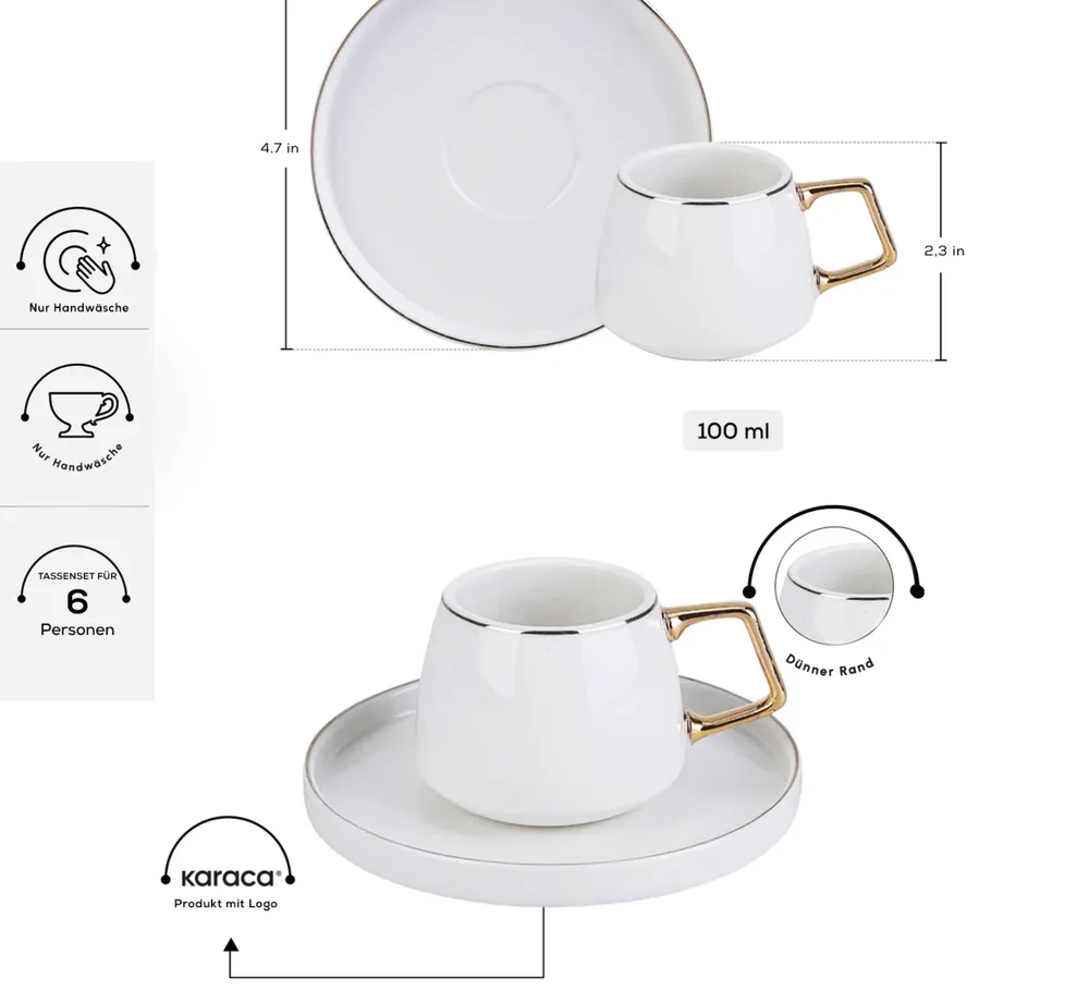 Karaca Saturn Koffie Kopjes Set voor 6 Personen 90 ml Goud - Afbeelding 7
