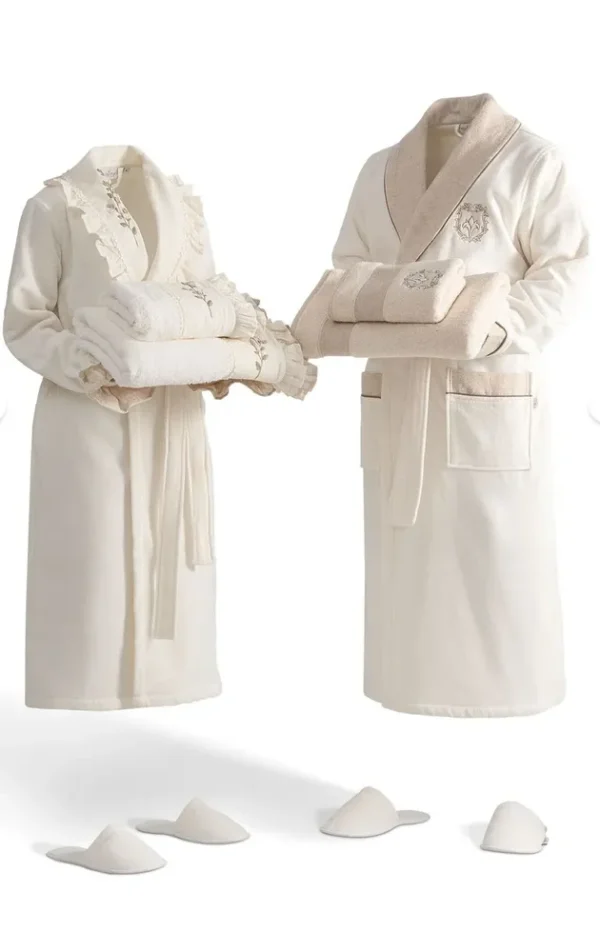 Ecocotton Leyna Familie Badjas Set 100% Biologisch Katoen Geborduurd Crème/Crème- M/L