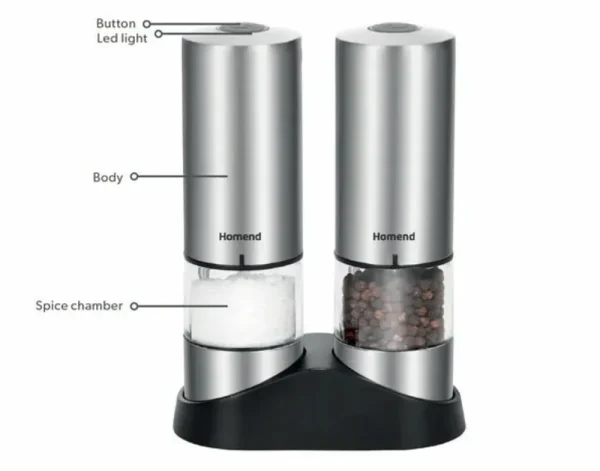 Homend Grindgo 6003 2-delige oplaadbare kruidenmolen set, Inox