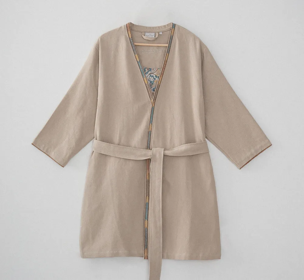 Ecocotton Revna vrouwen ochtendjas biologisch katoen beige