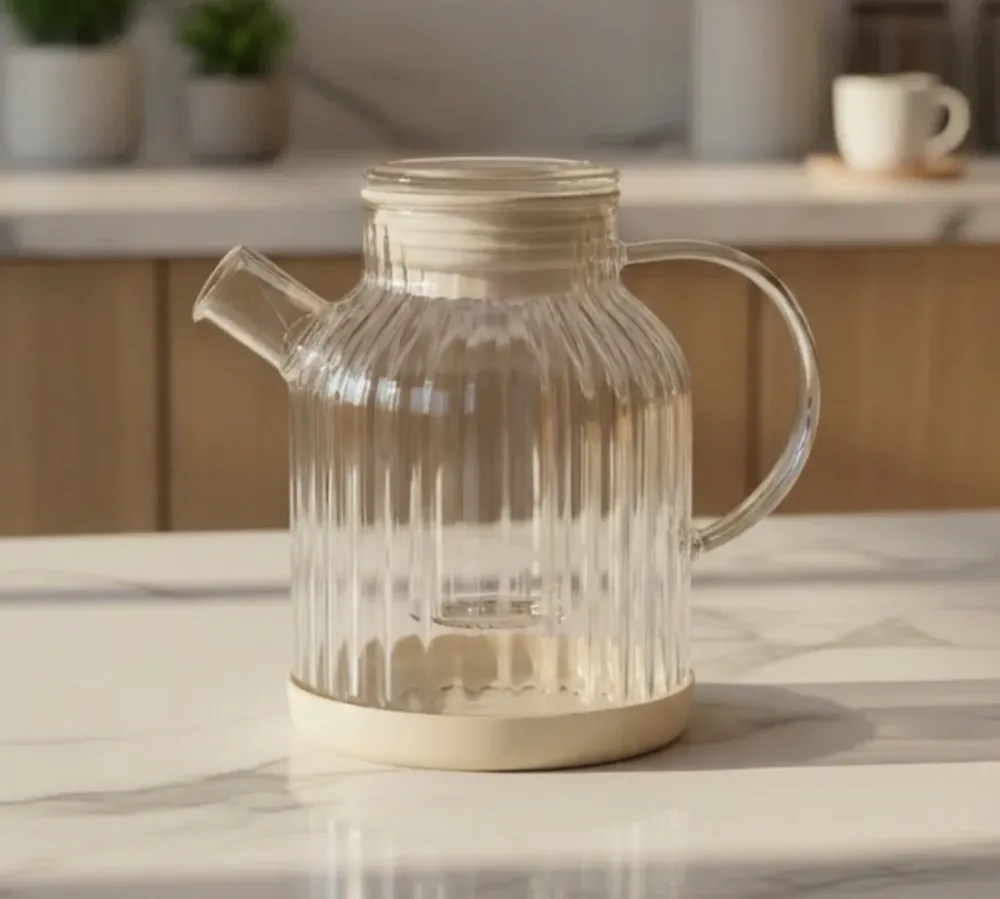 Stripe glazen theepot 1,5 l beige - Afbeelding 1