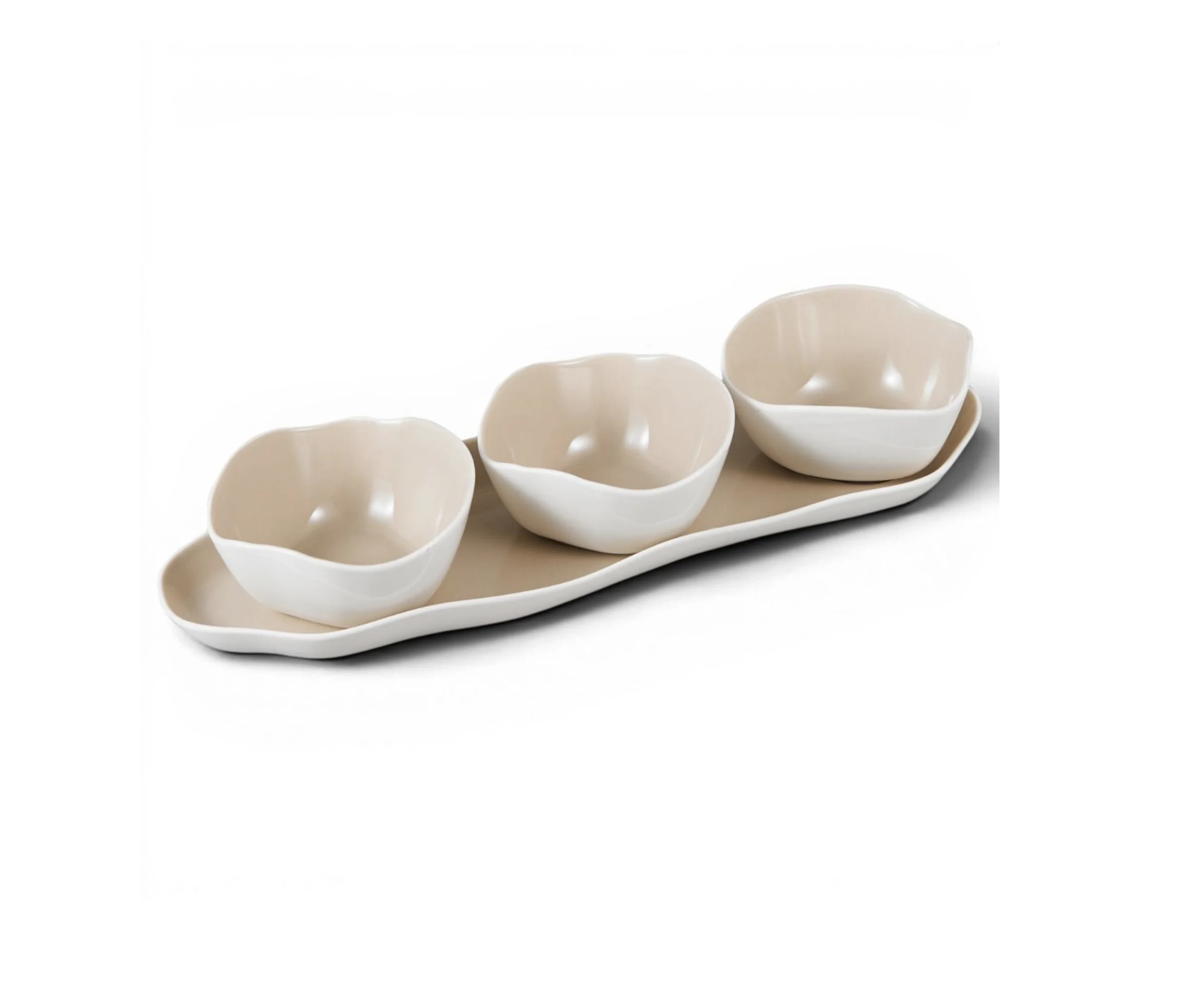 Bonnes Schaaltjesset 4-delig|Wit-Beige Porselein|3 Schaaltjes+Plateau