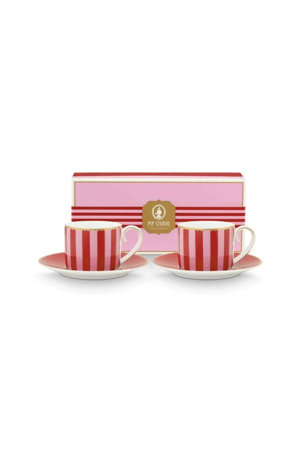 PIP Studio Set/2 Espresso Kop en Schotel Love Birds Gestreept Rood-Roze