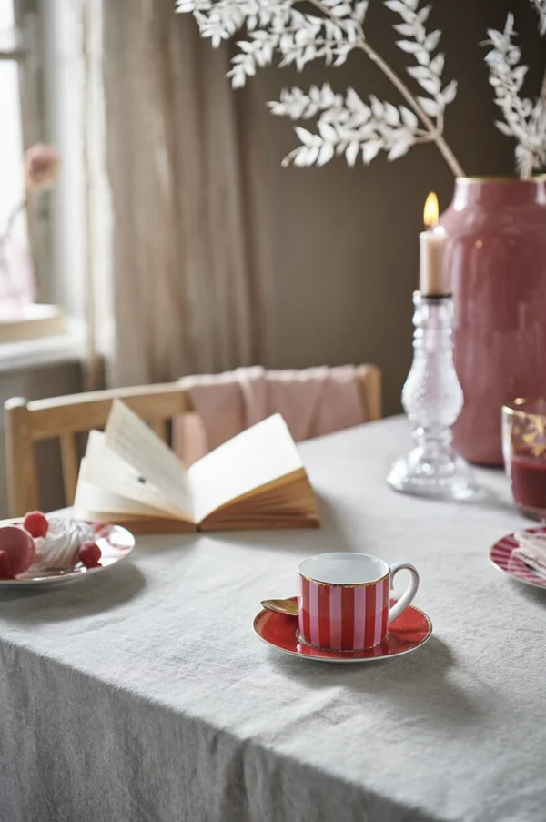PIP Studio Set/2 Espresso Kop en Schotel Love Birds Gestreept Rood-Roze