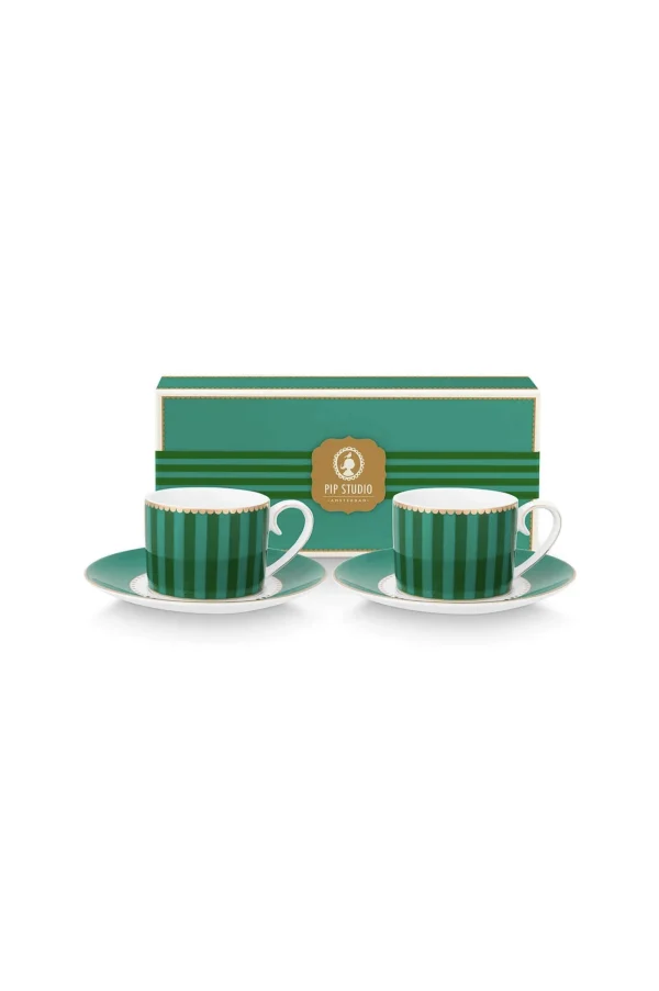 PIP Studio Set/2 Espresso Kop & Schotel Love Birds Gestreept Emerald-Groen