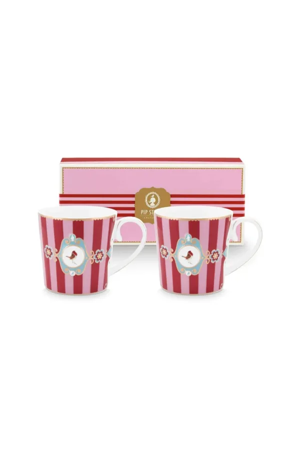 Pip Studio Set/2 Mokken Groot Love Birds Medallion Gestreept Rood-Roze