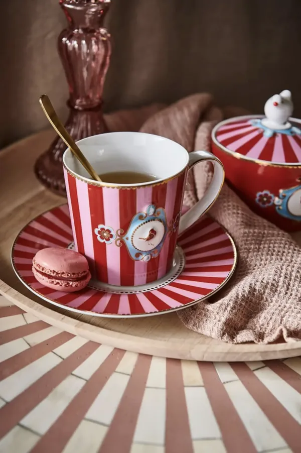 Pip Studio Set/2 Mokken Groot Love Birds Medallion Gestreept Rood-Roze