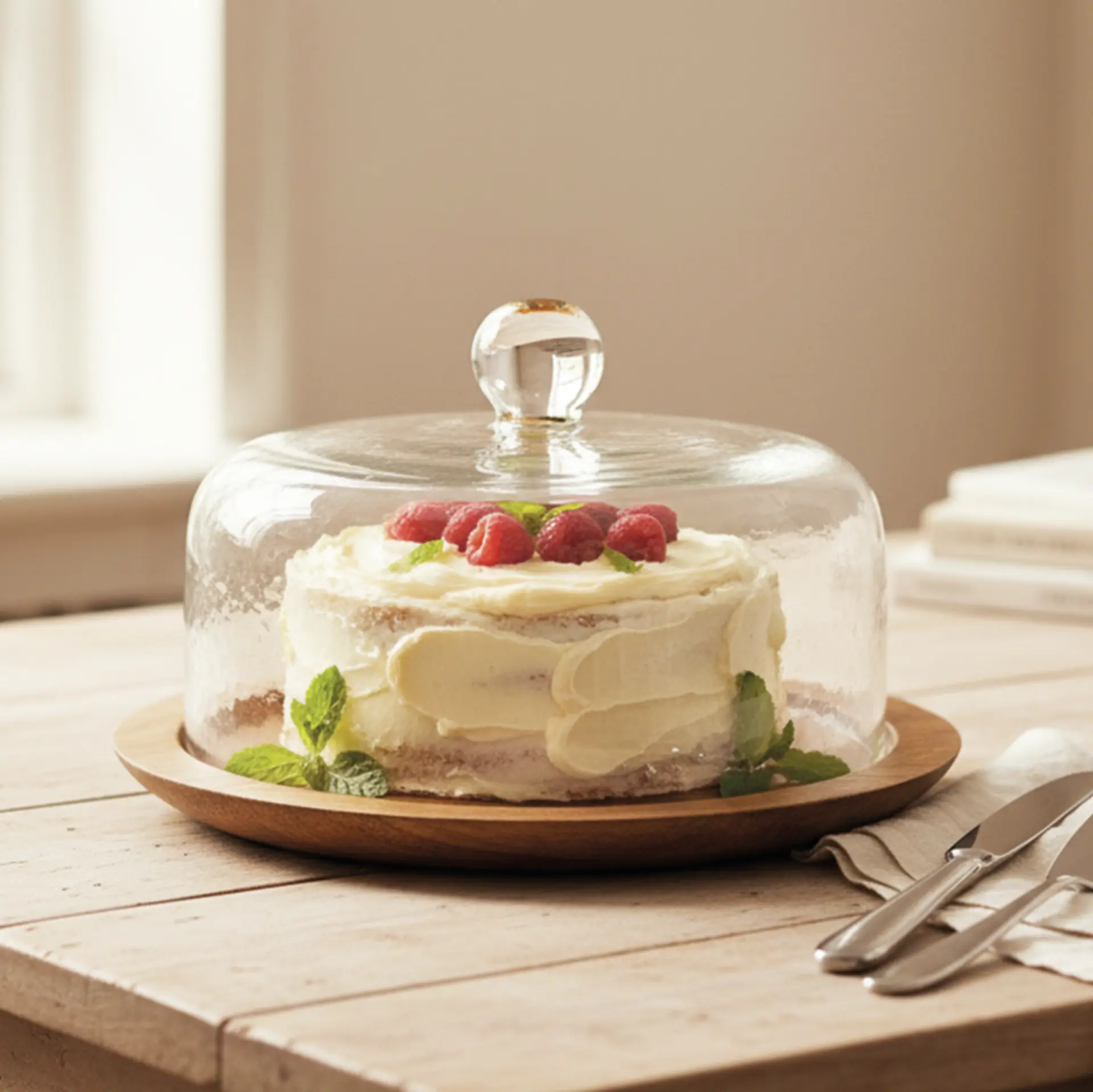 Acaciahouten serveerschaal Mono met gehamerd borosilicaatglazen deksel – Ø 31 cm