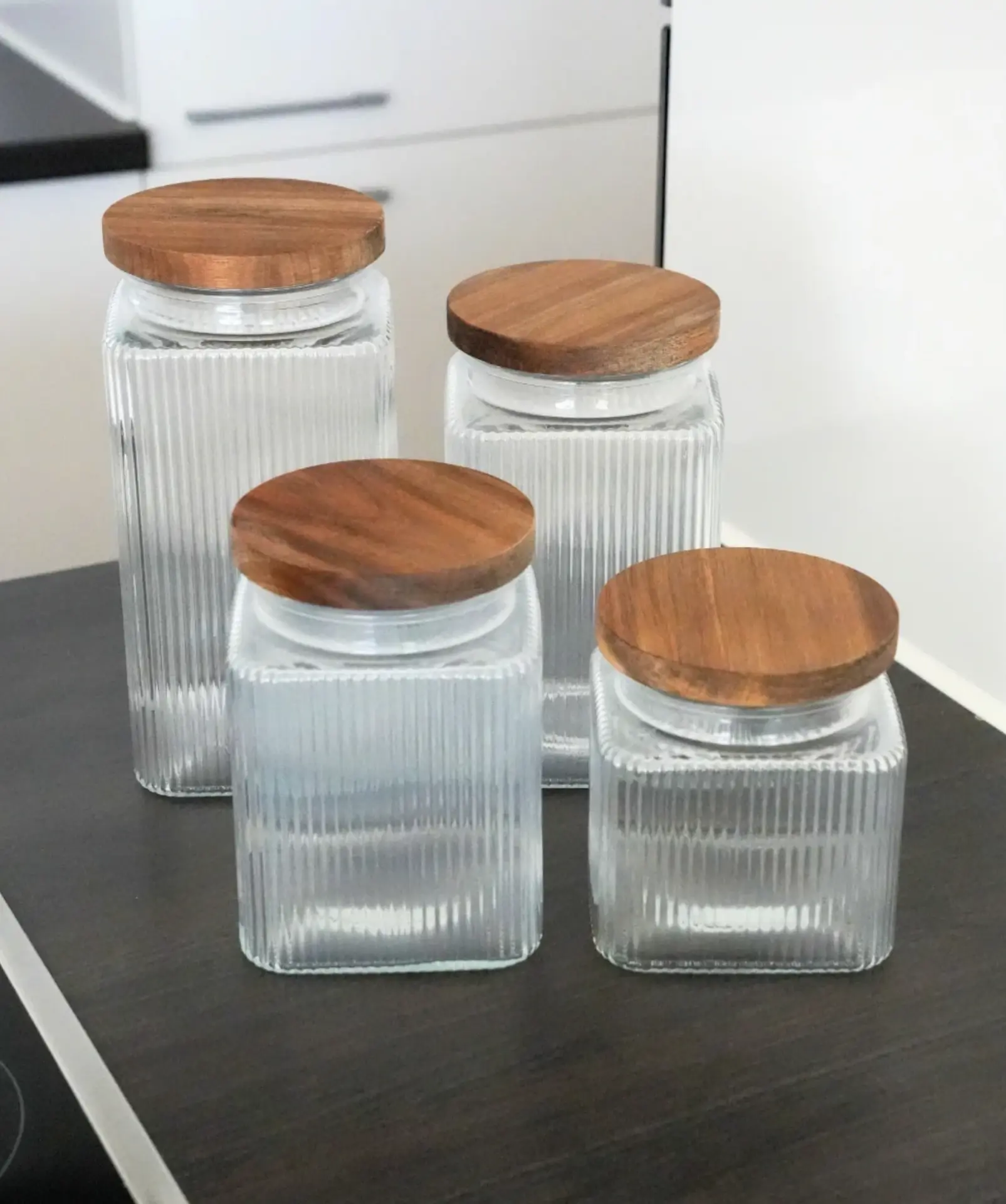 Voorraadpotten van acaciahout strips – set van 12 stuks