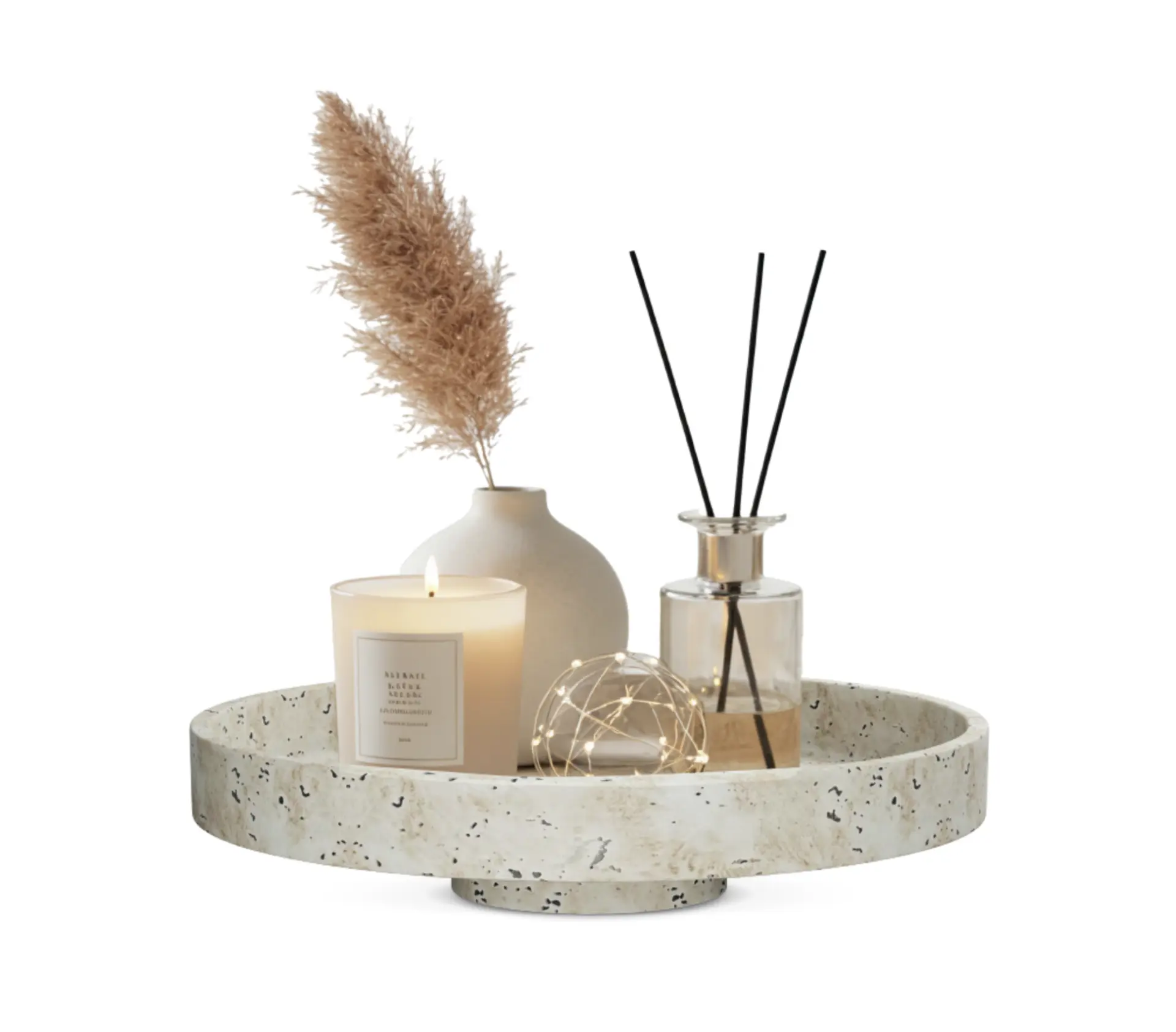 Decoratief plateau op voet -Travertinlook-  Ø 26×7 cm