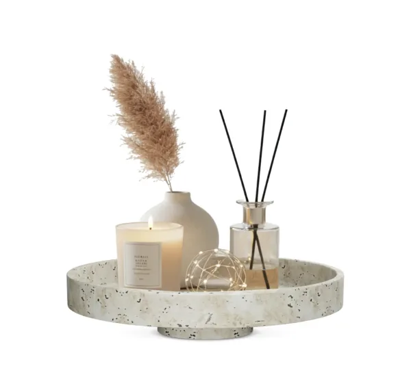 Decoratief plateau op voet -Travertinlook-  Ø 30×8 cm